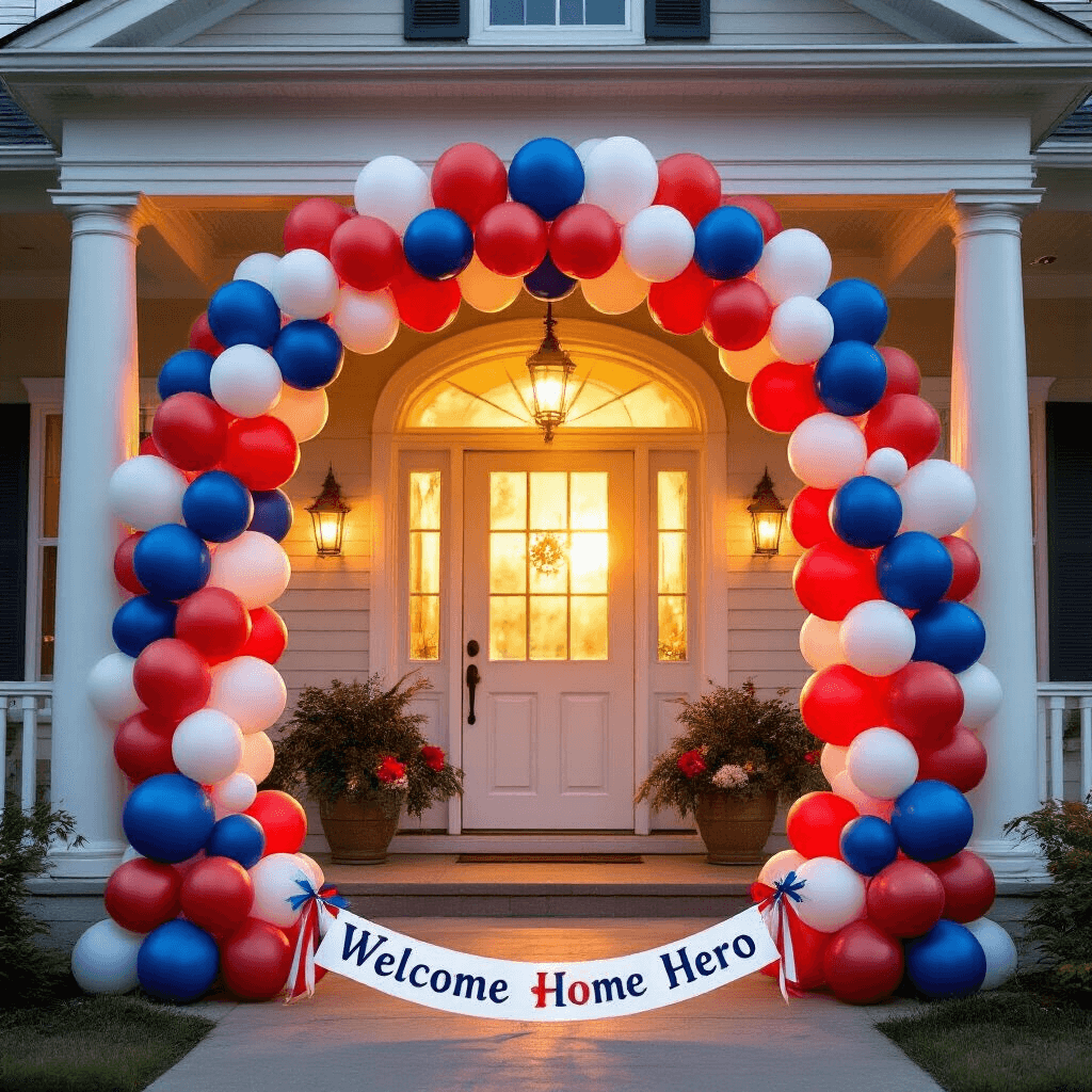 Wide-angle shot of a festive balloon arch in red, white, and blue framing a front door, adorned with a 'WELCOME HOME HERO' banner, with soft golden hour sunlight illuminating the scene, featuring a charming suburban home with white columns and potted plants.