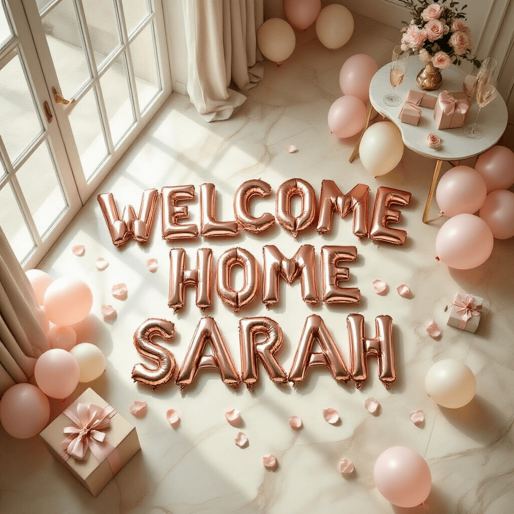 Overhead view of a welcoming setup spelling 'WELCOME HOME SARAH' with large rose gold letter balloons on a cream marble floor, featuring blush pink and ivory latex balloons, rose petals, a table of wrapped gifts, and a champagne arrangement, all in soft morning light.
