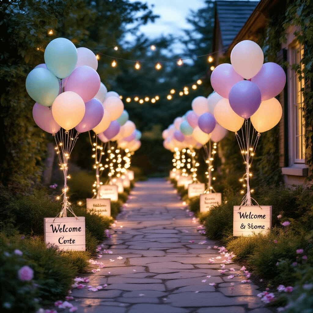 Close-up detail of a whimsical balloon pathway in pastel colors lined with fairy lights, leading to a cozy ivy-covered cottage, adorned with personalized welcome signs and flower petals along the stone walkway.