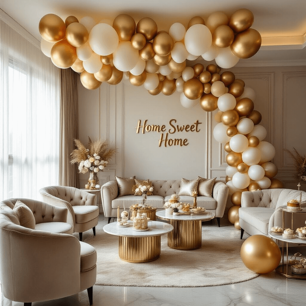 Cinematic wide shot of an elegant living room decorated with budget-friendly metallic gold, ivory, and champagne balloons, showcasing plush velvet furniture, a marble coffee table with balloon-themed centerpieces, sheer curtains filtering soft afternoon light, and a dessert cart featuring a 'HOME SWEET HOME' balloon banner.