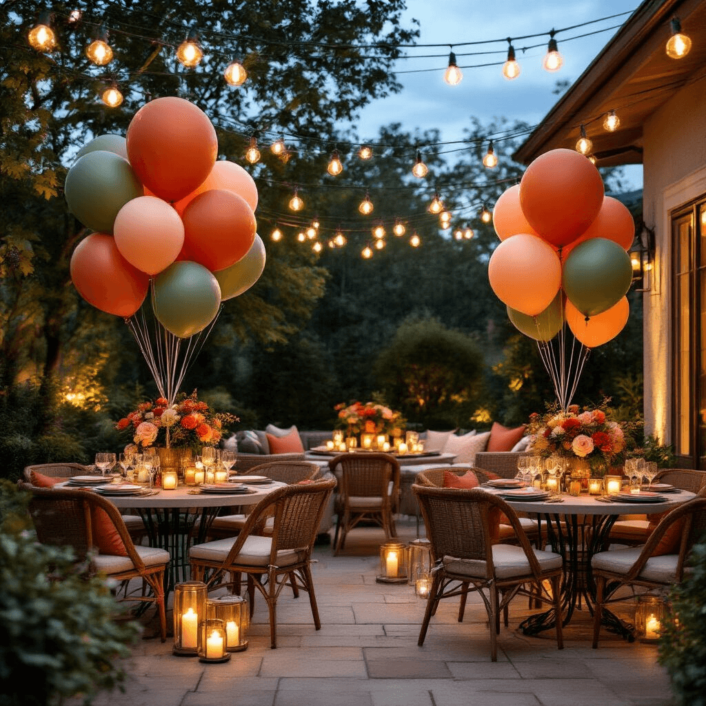 Moody outdoor balloon celebration setup on a stylish patio, featuring terracotta and sage green balloons, cozy seating with cushions, round bistro tables with candle centerpieces, and string lights creating a festive ambiance.