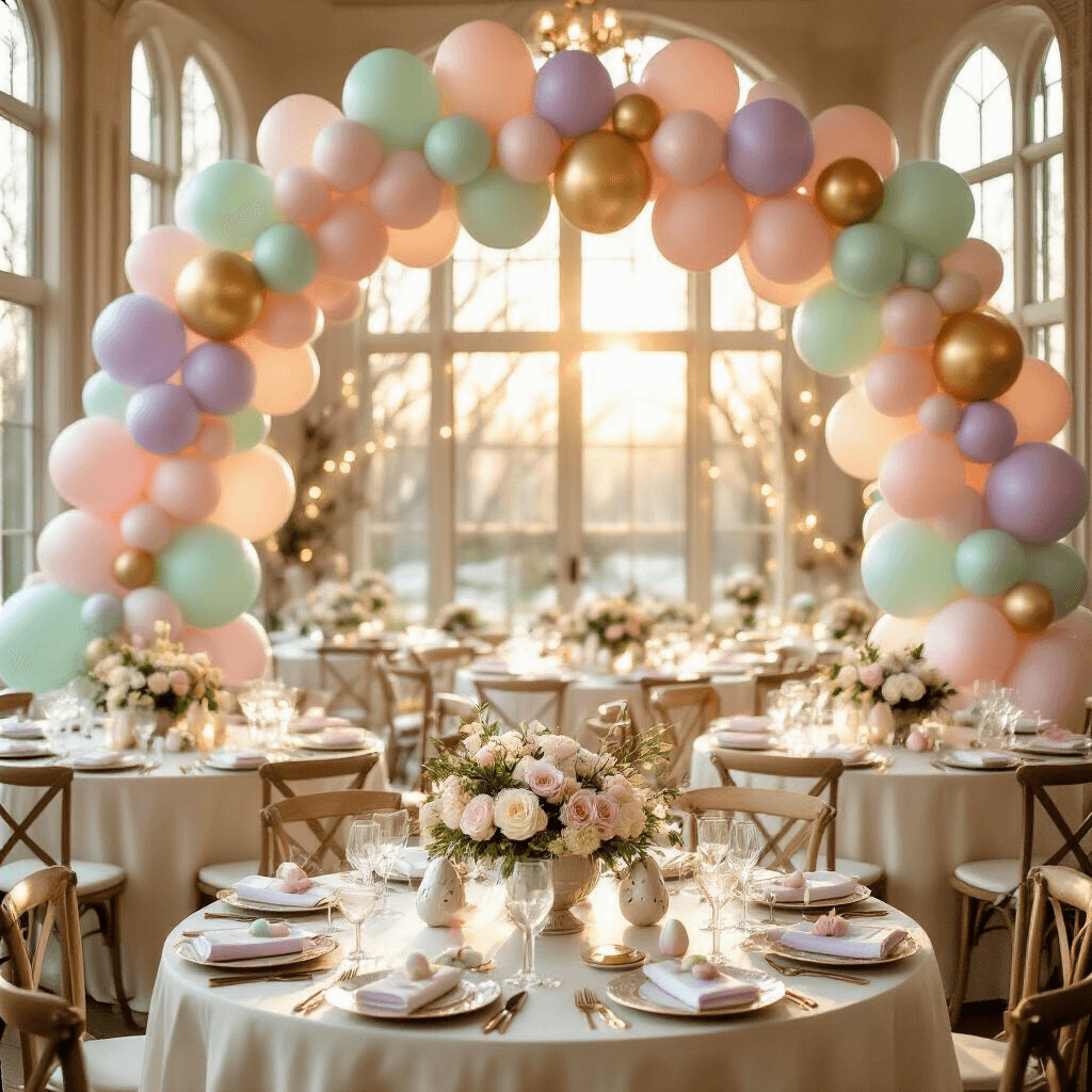 Easter Balloon Decor: The Ultimate Guide to Festive Spring Celebrations Elegant indoor ballroom decorated for Easter, featuring a pastel balloon arch, warm sunlight, round tables with ivory silk linens, floral centerpieces, and bunny-shaped mylar balloons, creating a festive and sophisticated atmosphere.