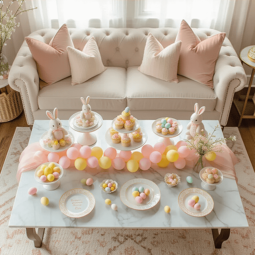Easter Balloon Decor: The Ultimate Guide to Festive Spring Celebrations Intimate overhead view of a cozy living room Easter brunch setup with a low coffee table adorned with a blush pink and cream balloon garland, surrounded by pastel velvet floor cushions. The scene features tiered cake stands with Easter treats, small bunny balloon clusters, delicate spring florals, ceramic plates with gold rims, and scattered soft yellow and mint Easter egg balloons, all bathed in soft morning light. Personalized Easter favor bags with balloon ties add a whimsical touch to the intimate gathering.