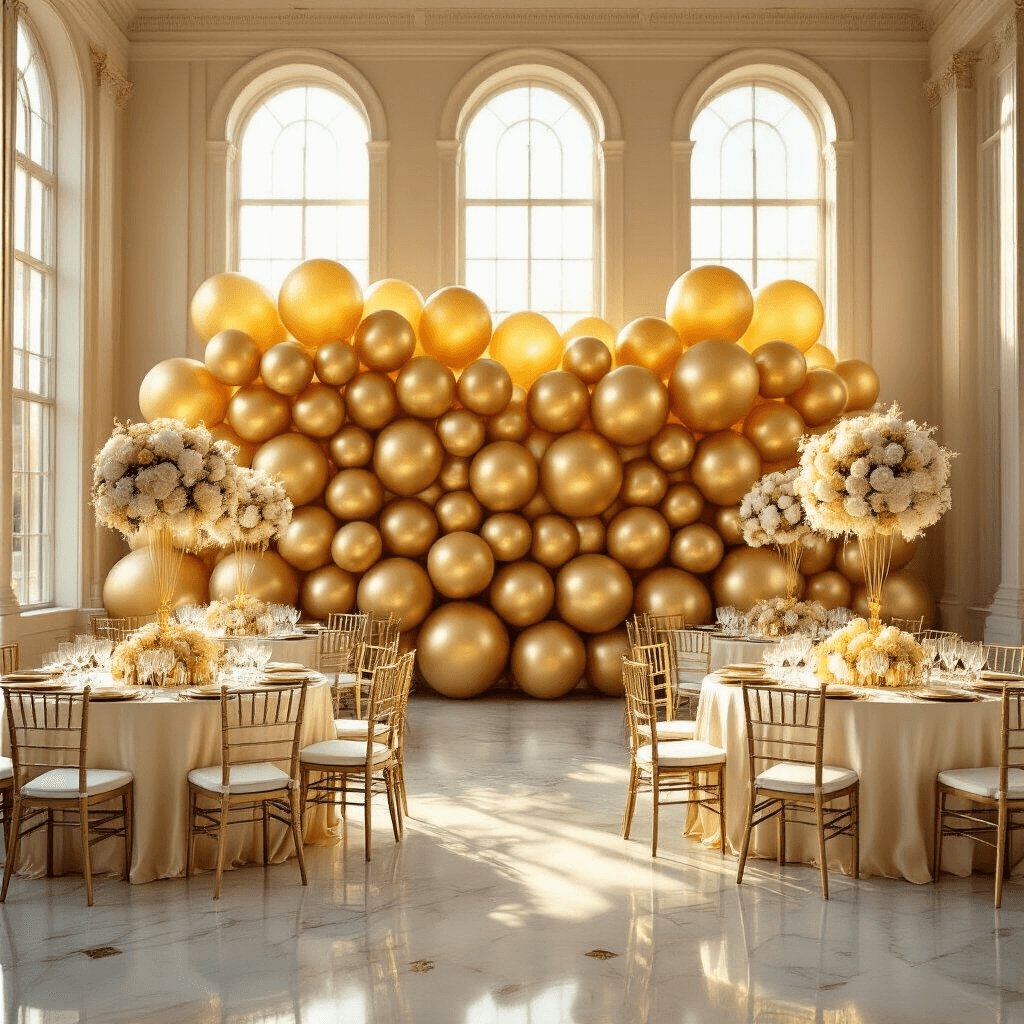 A photorealistic wide-angle view of an elegant ballroom with a gold balloon wall backdrop, illuminated by golden hour light. Round tables with ivory silk linens and gold balloon centerpieces are arranged throughout, while the polished marble floor reflects the shimmering decor.