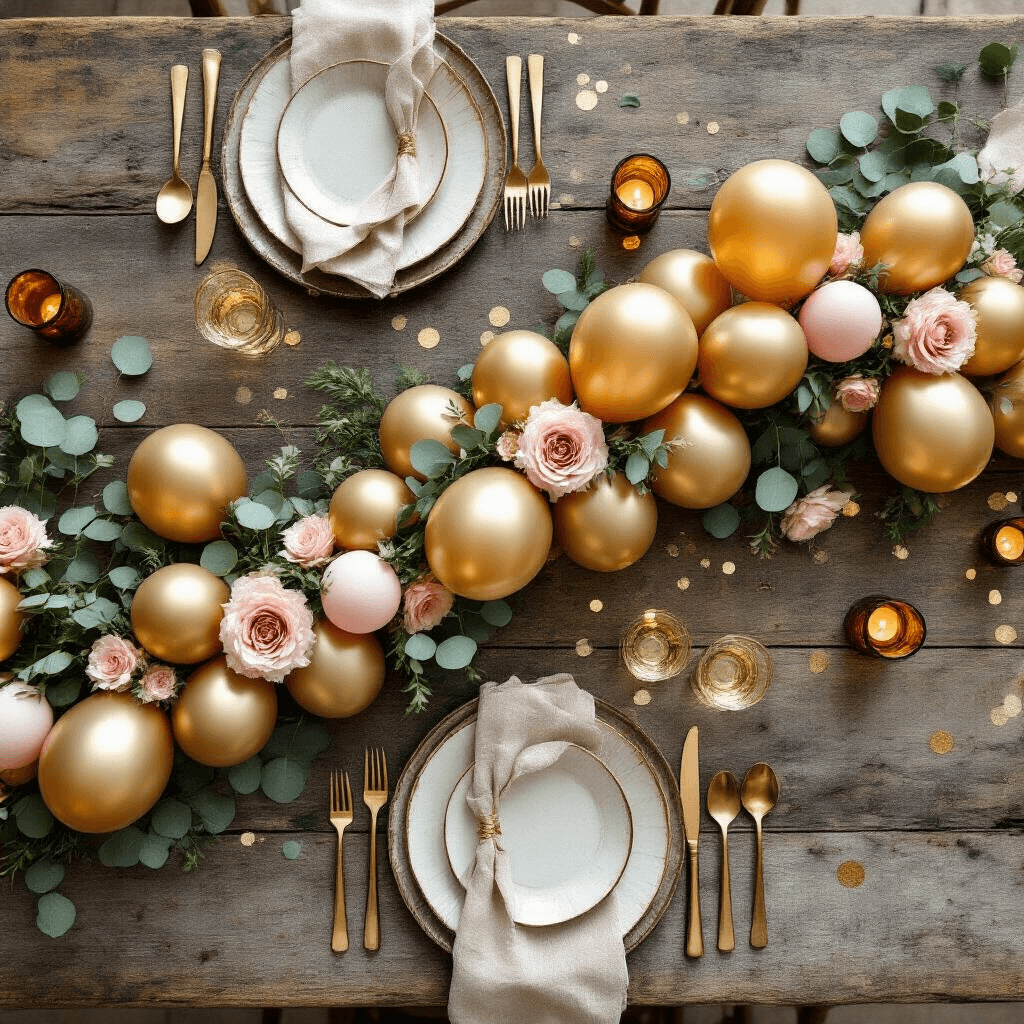 Overhead view of an organic gold balloon garland on a rustic wooden table, featuring blush pink accents and eucalyptus. The table setting includes gold-rimmed plates, rose gold cutlery, and cream napkins, with scattered gold confetti and amber glass votive candles creating a warm ambiance. Natural sunlight highlights the textures and arrangement.