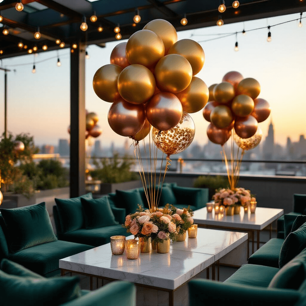 Cinematic close-up of elegant gold balloon bouquets as centerpieces on a rooftop terrace, featuring clusters of gold foil, rose gold latex, and confetti-filled transparent balloons, surrounded by deep emerald velvet cushions and twinkling string lights against a glowing city skyline during golden hour.