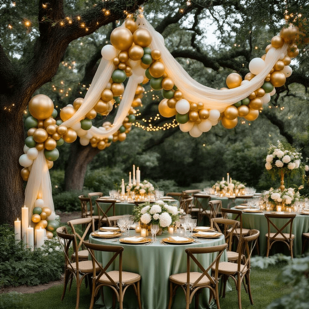 Whimsical garden party with gold balloon garlands between oak trees, draped in fairy lights; sage green silk table linens, gold charger plates, and vintage glassware on round tables; wooden crossback chairs, pillar candles, and fresh white hydrangeas adding to the enchanting atmosphere.