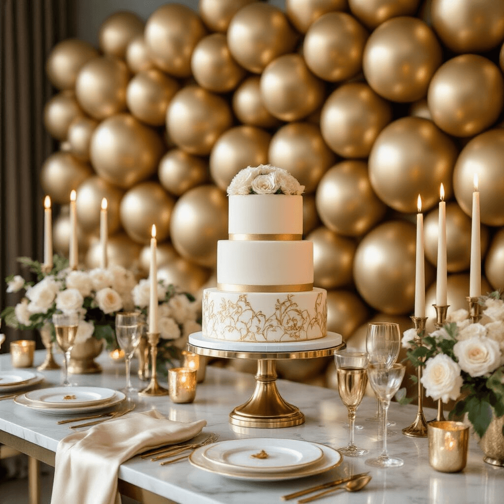 Elegant dessert station in a modern apartment featuring a three-tiered gold balloon backdrop, a white and gold wedding cake on a marble console, gold-rimmed dessert plates, and tall taper candles, all illuminated by candlelight.