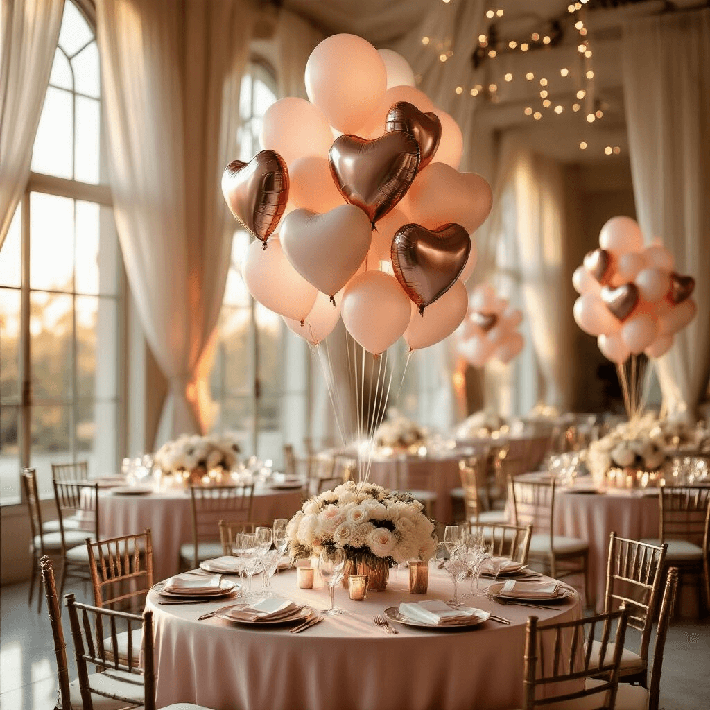 Photorealistic wide-angle shot of an elegant ballroom at golden hour, featuring a centerpiece of floating Mylar balloons with family portraits, surrounded by round tables with blush pink silk linens, crystal glassware, and rose gold centerpieces, all illuminated by soft sunlight streaming through tall windows.