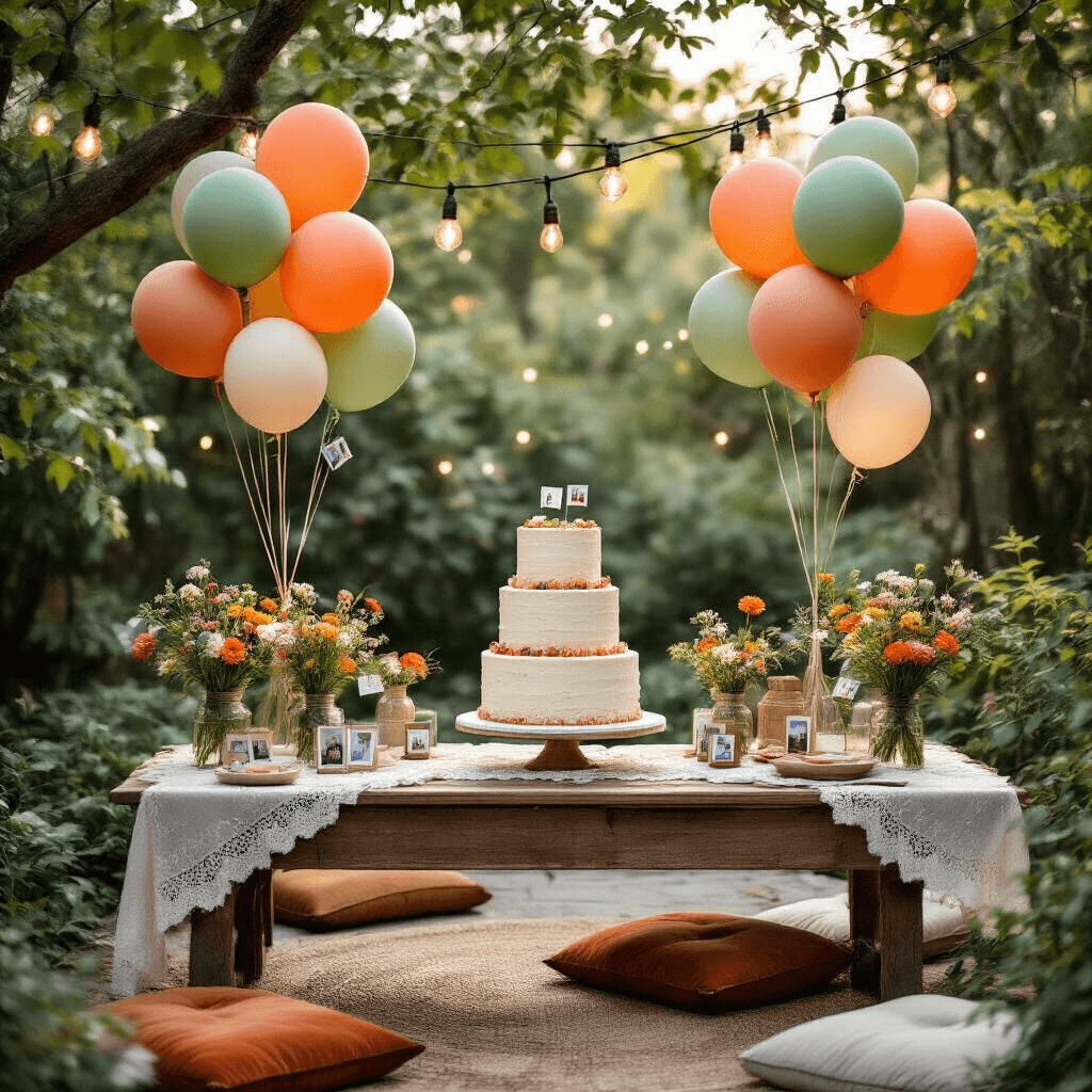 A whimsical garden birthday party setup featuring a three-tiered vanilla cake on a rustic wooden dessert table, surrounded by DIY balloon clusters with Polaroid memories, vintage lace tablecloths, mason jar wildflower centerpieces, string lights in tree branches, and cozy earth-toned velvet floor cushions.