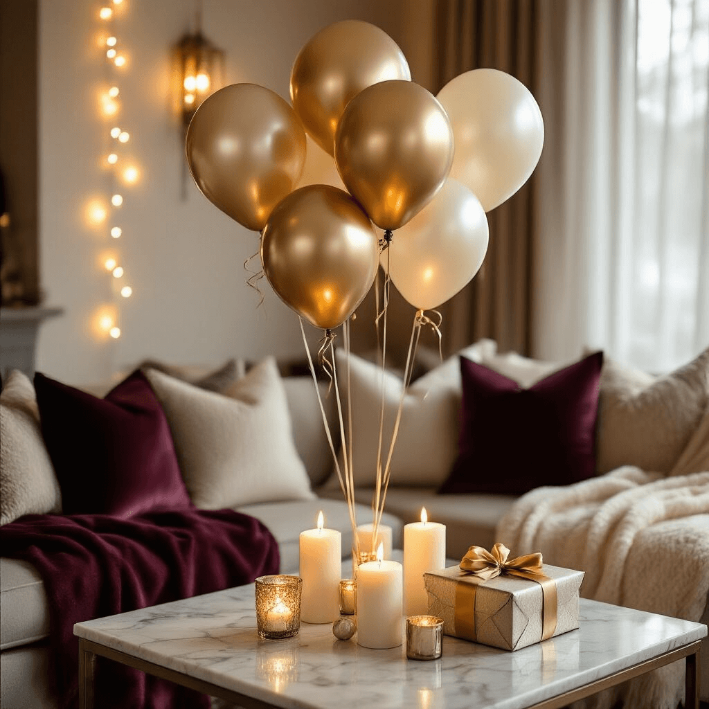 A cozy living room set for an anniversary celebration, featuring metallic gold and ivory photo balloons on a marble coffee table, soft candlelight casting shadows on plush textiles, and a gift table adorned with custom party favors wrapped in gold ribbon, all illuminated by warm string lights.