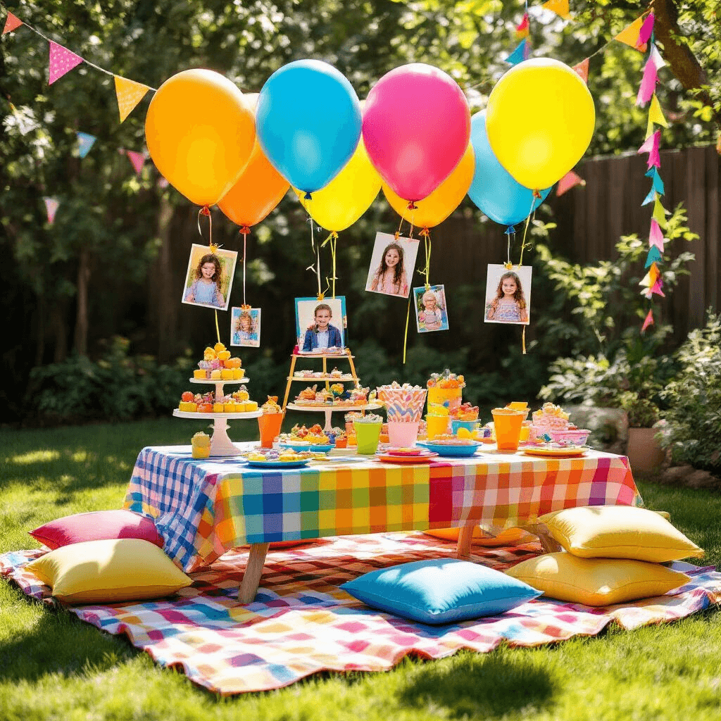 A vibrant backyard children's party setup featuring colorful latex balloons, a dessert cart, and picnic-style seating with bright cushions and checked blankets, all under the midday sun, creating lively shadows on the grass.