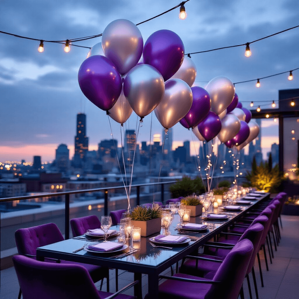 Sophisticated rooftop terrace with city skyline at dusk, featuring graduation portrait balloons in lavender and silver, modern glass-top tables with contemporary place settings, soft LED uplighting on sleek metal chairs, geometric succulent centerpieces in concrete planters, and a starry canopy of string lights above.