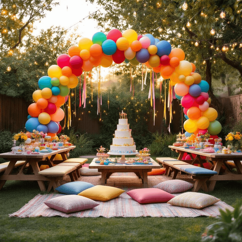 Aerial view of a whimsical children's birthday party in a stylish backyard featuring a vibrant rainbow balloon arch, low picnic tables with colorful linens, floor cushions, and a tiered birthday cake, all adorned with twinkling fairy lights and festive decorations.