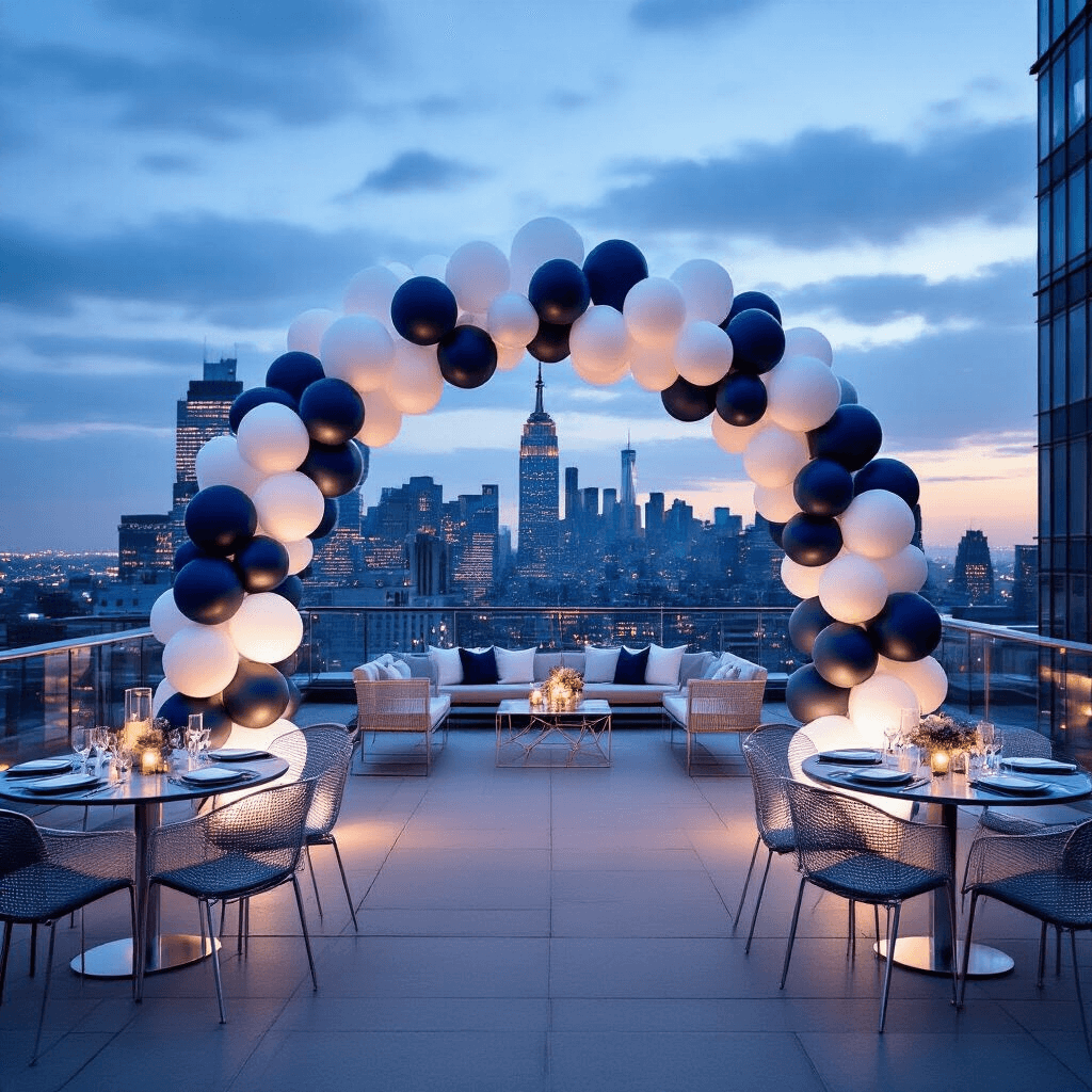 A sophisticated corporate event on a downtown rooftop terrace featuring a minimalist balloon arch in sleek silver, white, and deep navy tones, set against the city skyline during the blue hour, with ambient lighting and contemporary furniture, emphasizing a clean, professional aesthetic.