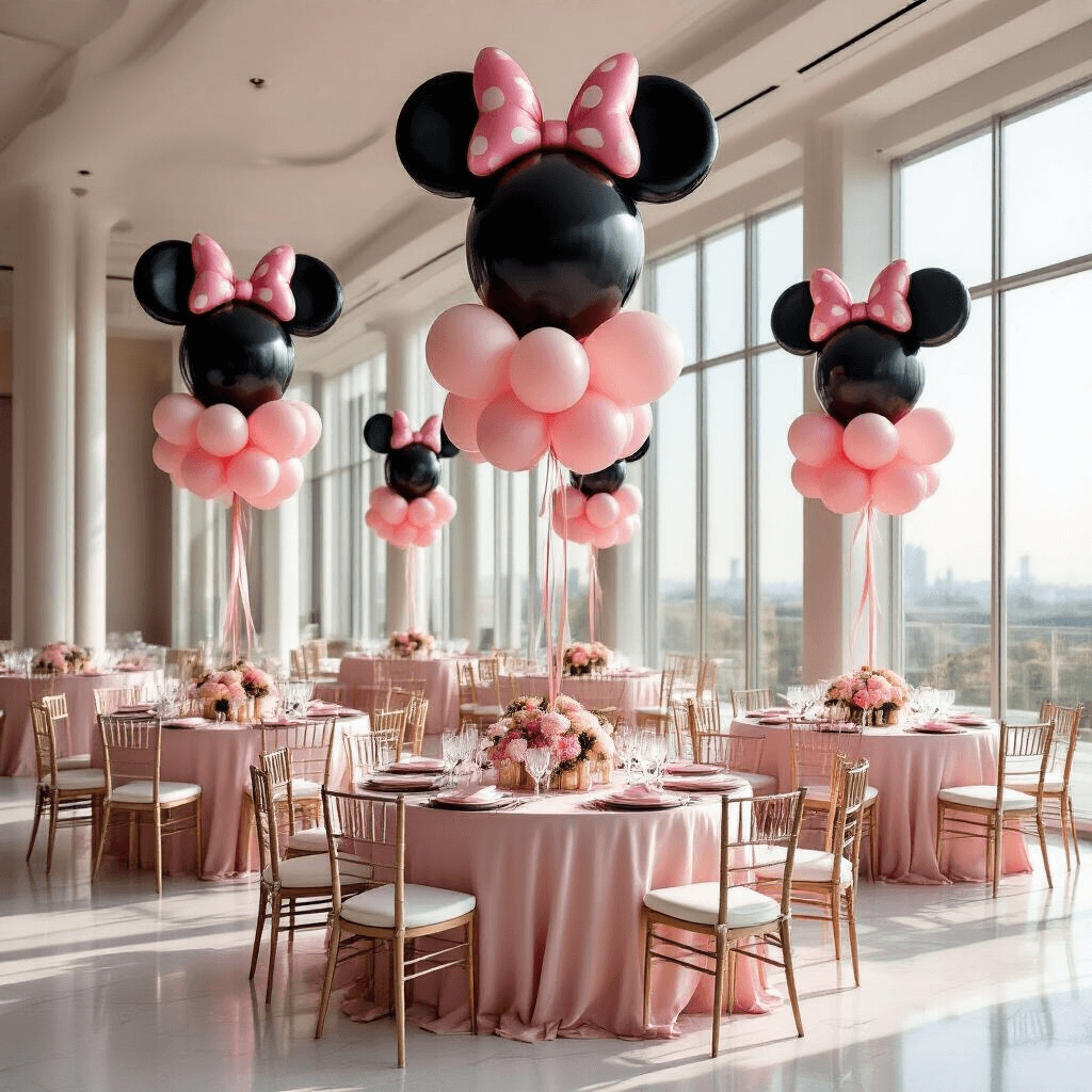 A photorealistic wide-angle view of a stylish indoor party setup, featuring large Minnie Mouse AirWalker balloons as centerpieces, blush pink silk table linens, and soft morning light streaming through floor-to-ceiling windows in a modern living room.