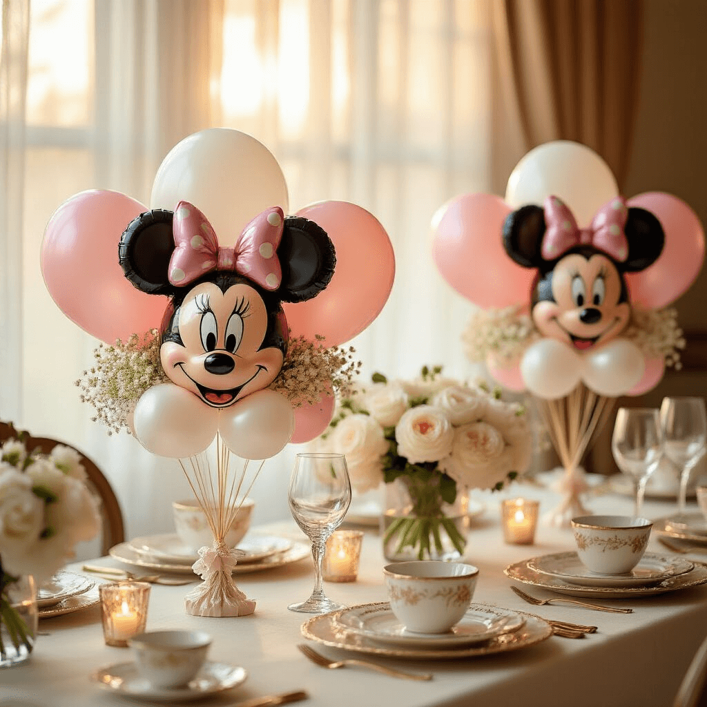 Intimate close-up of elegant Minnie Mouse balloon bouquets as table centerpieces in a cozy dining nook, illuminated by golden hour light. The arrangements feature glossy foil balloons and matte latex rounds in pink and white, accompanied by vintage china place settings, gold-rimmed glassware, and fresh white peonies, all set on cream linen tablecloths.