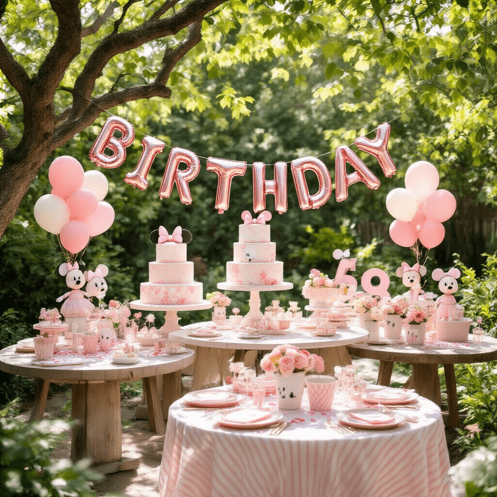 Overhead flat lay of a whimsical Minnie Mouse birthday celebration in a bright garden, featuring tiered tables with custom number balloons, blush pink and cream striped linens, rose gold confetti, and coordinating tableware under dappled sunlight.