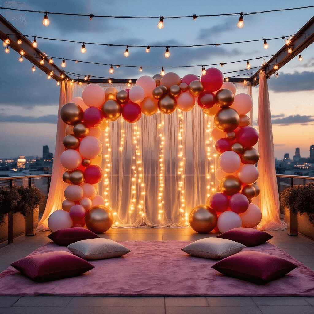 Cinematic view of a rooftop terrace adorned with a Minnie Mouse balloon wall, illuminated by fairy lights, featuring pink and ivory velvet floor cushions, chiffon drapery, and a warm golden hour backdrop.