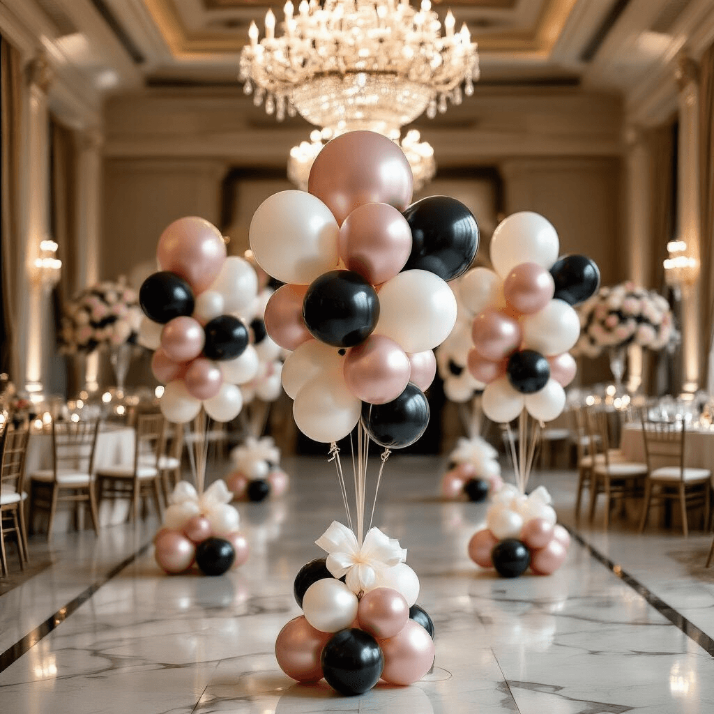 Luxurious Minnie Mouse balloon arrangements in an elegant ballroom, featuring dynamic heights and a refined color palette of dusty rose, ivory, and soft black. Crystal chandeliers reflect light on polished marble floors, while ambient candlelight and silk ribbons enhance the sophisticated decor.