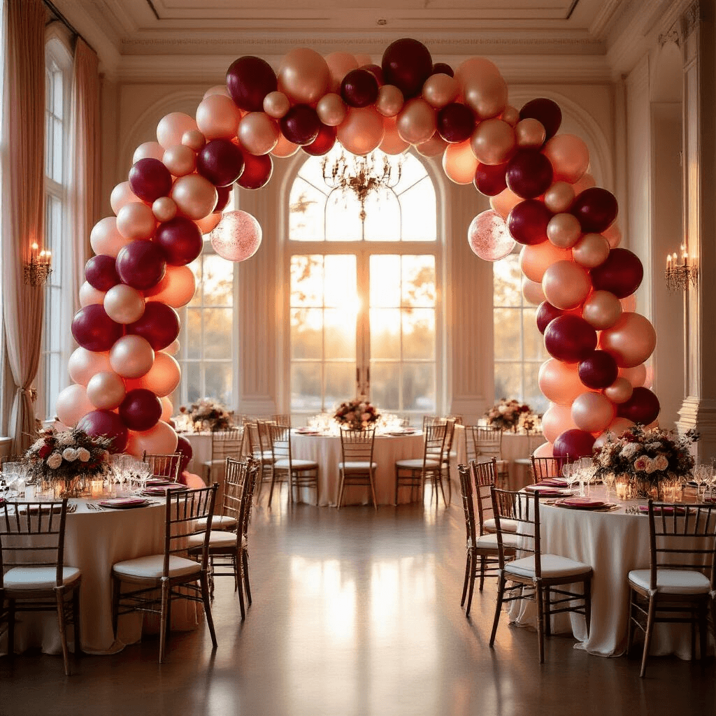 A romantic indoor ballroom adorned with a stunning balloon arch in deep burgundy, blush pink, and rose gold, illuminated by golden hour sunlight filtering through tall windows. Round tables with silk ivory linens and low floral centerpieces of red roses and baby's breath create an intimate atmosphere, enhanced by soft candlelight from crystal votives and sheer blush drapery framing the windows.