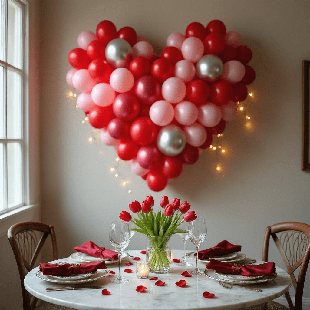 Intimate dining nook with heart-shaped balloon mosaic backdrop, soft morning light, round table set with fine china, crystal wine glasses, deep red silk napkins, fresh red tulips in a crystal vase centerpiece, and scattered rose petals on a marble tabletop, illuminated by delicate fairy lights.