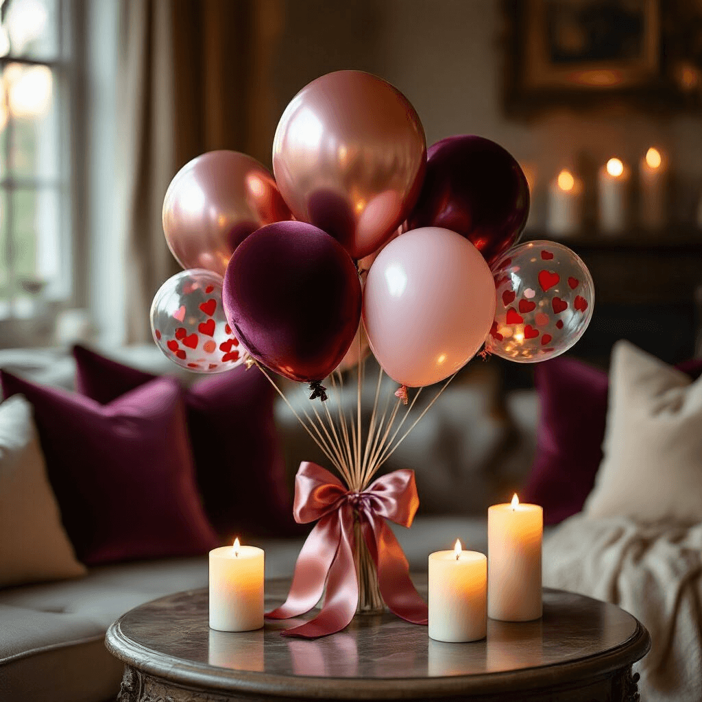 Close-up of an elegant balloon bouquet in a cozy living room, featuring burgundy velvet, rose gold metallic, blush pink, and two confetti-filled clear balloons. Tied with silk ribbons, the bouquet sits on a vintage wooden side table surrounded by candlelight, soft velvet and silk pillows, while a marble surface reflects the warm glow.