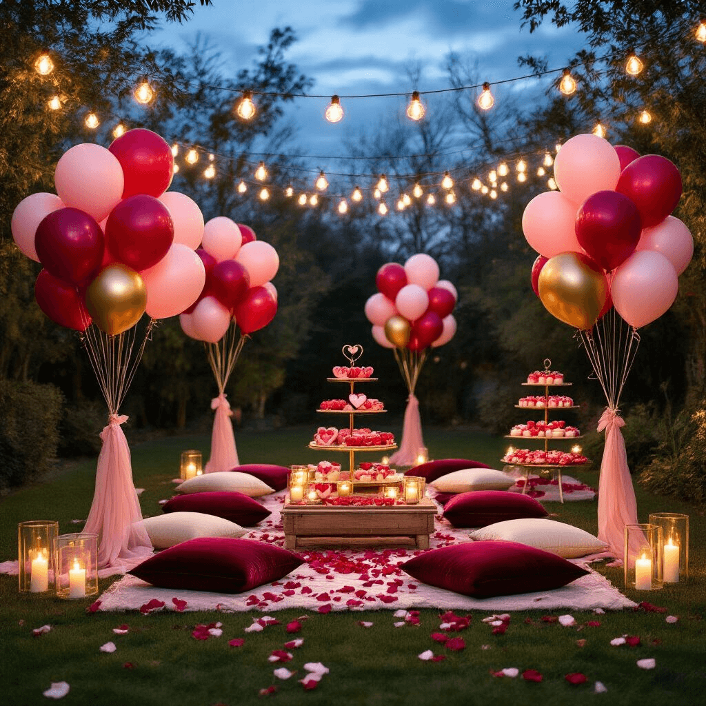 Wide shot of a romantic backyard Valentine's celebration featuring fairy lights, balloon bouquets, a low picnic setup with burgundy and cream cushions, a tiered dessert cart, and rose petals scattered across the grass.