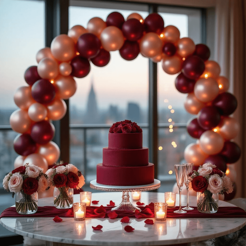 Close-up of a luxurious cake table centerpiece featuring a three-tier red velvet cake on a crystal stand, surrounded by vintage glass vases with smaller balloon bouquets. An elaborate balloon arch of burgundy, rose gold, and pearl white balloons creates a backdrop, illuminated by soft LED fairy lights. The setting includes a deep red silk table runner, scattered rose petals, and crystal champagne flutes, all bathed in soft evening light from floor-to-ceiling windows.