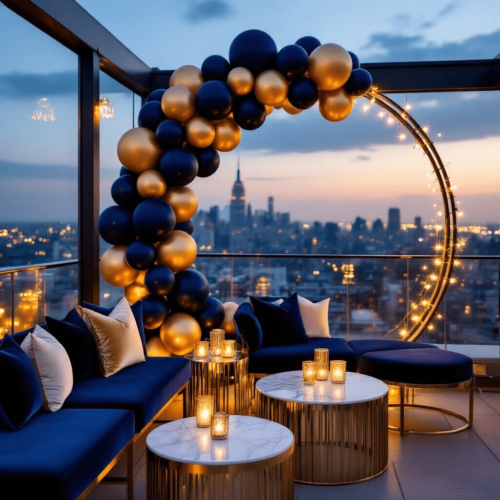 Circle Balloon Backdrop: The Ultimate Guide to Stunning Event Decor Close-up of a modern rooftop terrace photo booth with a dramatic circular balloon installation in navy, gold, and ivory, illuminated by warm string lights and featuring sleek glass railings overlooking a city skyline, contemporary acrylic furniture with velvet midnight blue cushions, geometric brass accents, marble cocktail tables with gold-rimmed glassware, layered metallic textiles, and a neon 'Celebrate' sign, creating a moody, sophisticated ambiance for nighttime celebration photography.