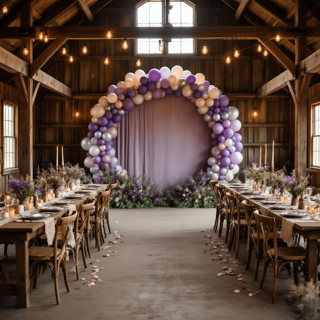 Circle Balloon Backdrop: The Ultimate Guide to Stunning Event Decor Cinematic wide shot of a rustic barn venue with a candlelit ambiance, featuring a bohemian balloon backdrop in lavender and dusty rose, long farm tables with burlap runners, vintage china, mason jar centerpieces with wildflowers, and warm Edison bulb lights, creating an intimate and elegant atmosphere.