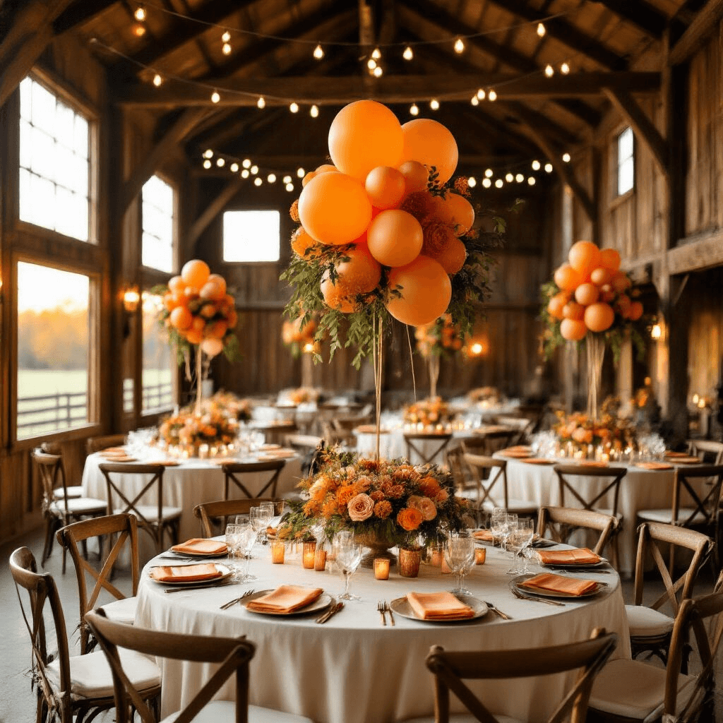 Elegant fall wedding reception in a rustic wooden barn, featuring round tables with ivory silk linens and vibrant orange balloon centerpieces, illuminated by warm natural sunlight streaming through tall windows, with copper accents, autumn leaf garlands, and flickering candles, all complemented by overhead string lights and vintage wooden chairs.