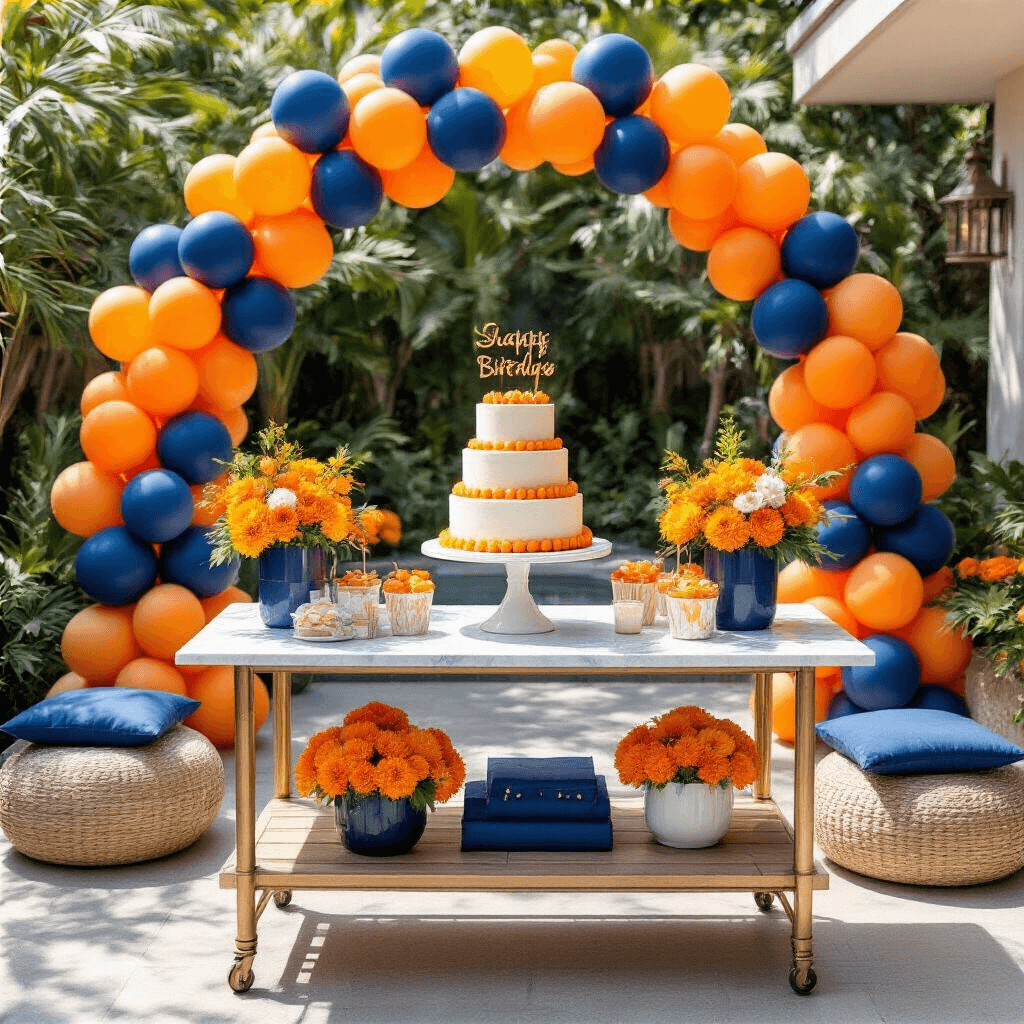 Overhead view of a stylish modern backyard terrace decorated for a summer birthday celebration, featuring a vibrant dessert cart with a three-tier cake, bright orange and navy blue balloon clusters, tropical flowers, and coordinated party favors on a low table with floor cushions, all framed by colorful balloon arches.