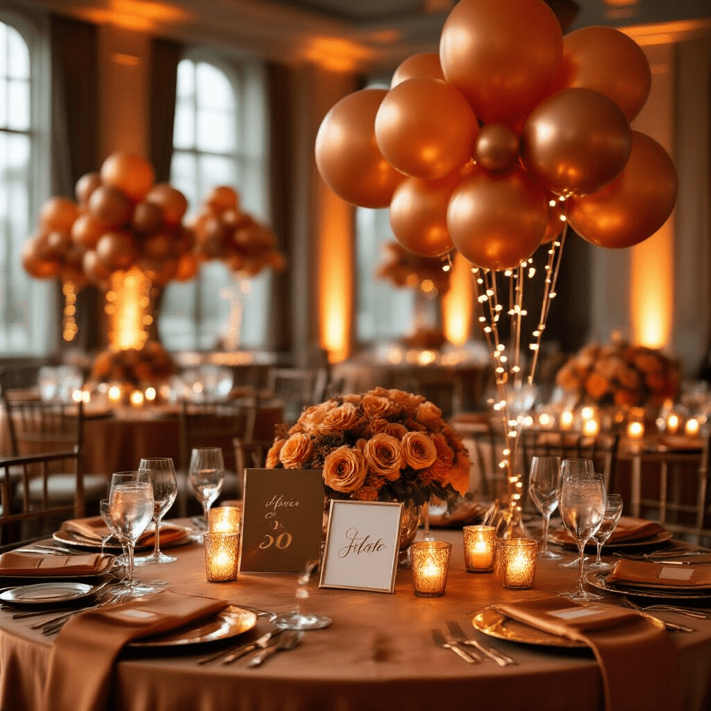 Close-up detail of an elegant indoor ballroom event featuring burnt orange and copper balloon centerpieces on round tables with velvet linens, soft LED string lights, crystal glassware, gold charger plates, orange roses, and flickering votive candles, all enhanced by gold calligraphy signage.