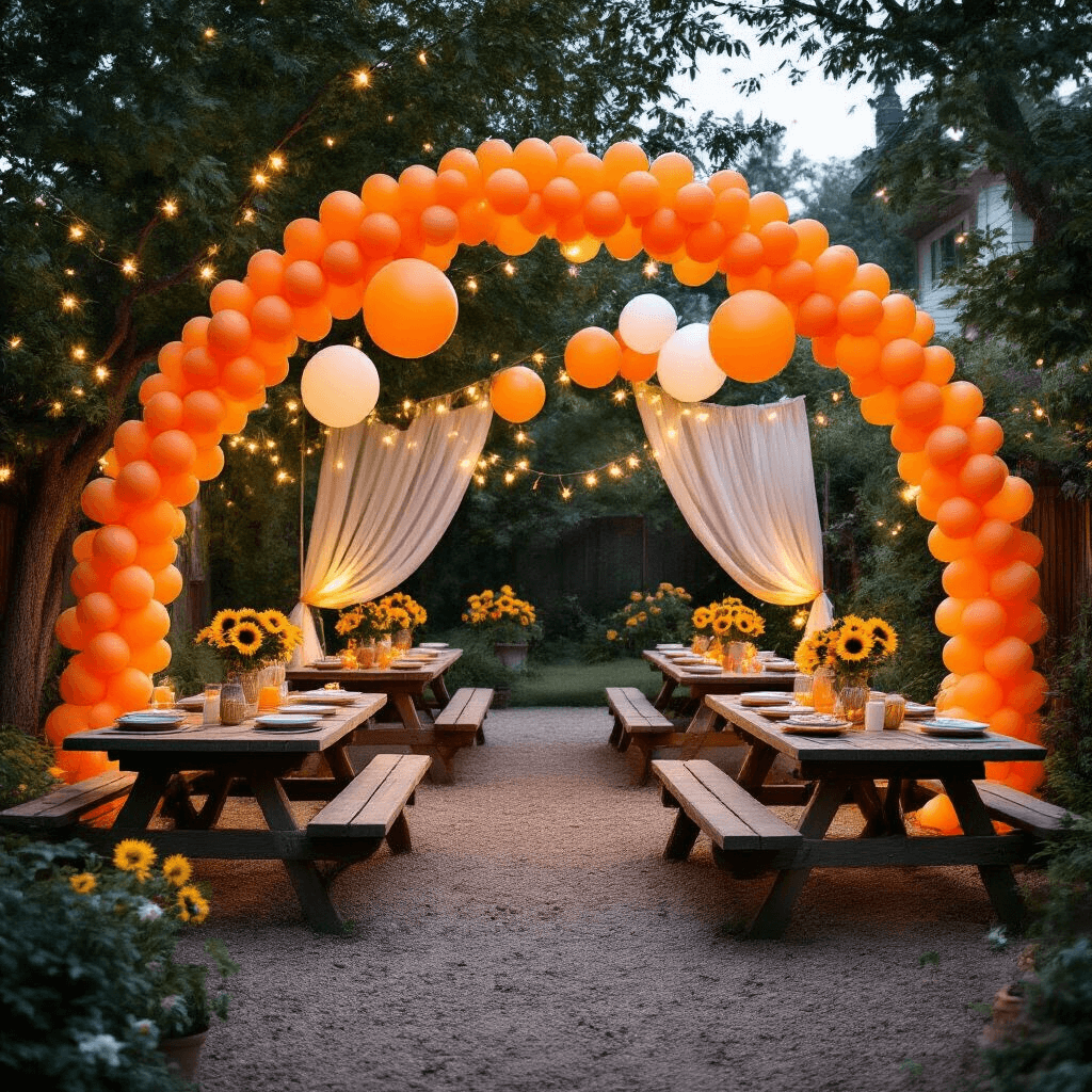 A whimsical backyard birthday party at night, featuring orange balloon arches, cream sheer drapery illuminated by fairy lights, tangerine and white balloon clusters, rustic picnic tables with ceramic plates and sunflowers, mason jar centerpieces, and hand-lettered chalkboard signs in a cozy garden setting.