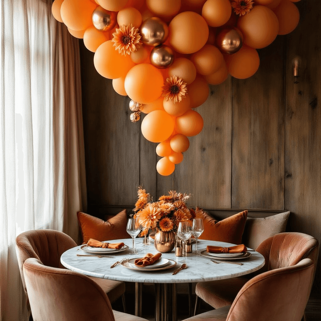 Elegant fall celebration in an intimate dining nook with a sophisticated ombré orange balloon installation, marble dining table set with fine china, velvet chairs, and silk napkins, illuminated by soft morning light filtering through gauzy curtains, accented with fresh orange dahlias and brass candle holders.