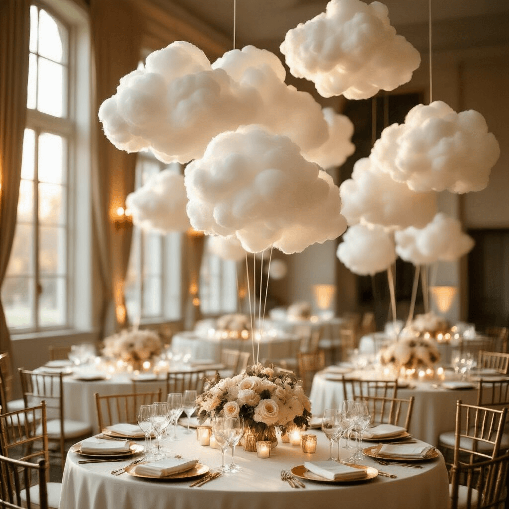 Cinematic wide-angle shot of an elegant indoor ballroom at golden hour, featuring suspended cloud balloon clusters above round tables with ivory silk linens and gold glassware, illuminated by soft natural light. Romantic candlelit centerpieces of blush roses and eucalyptus enhance the scene, while fairy lights in the balloon arrangements add a magical touch to the luxurious setting.