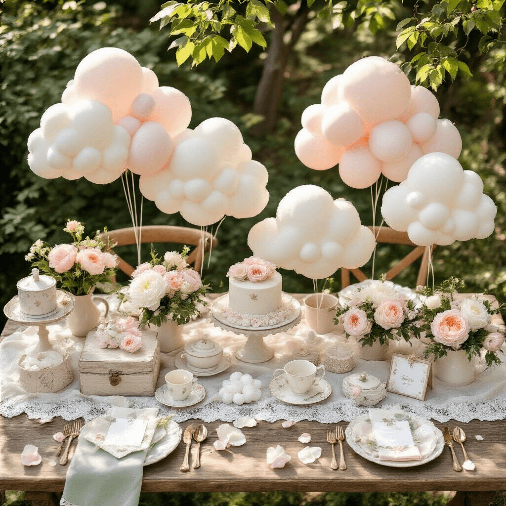 Overhead flat lay of a dreamy garden baby shower setup featuring pastel balloon centerpieces, rustic wooden tables with lace runners, fresh peonies, ceramic tea sets, personalized favors, and soft morning sunlight filtering through trees.