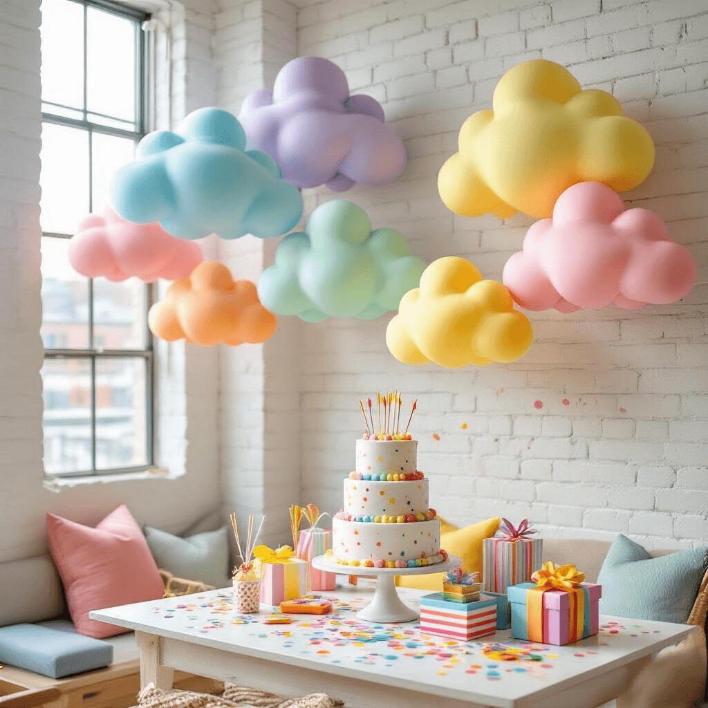 Close-up of a vibrant kids' birthday party in a modern apartment with pastel rainbow cloud balloon installations, a tiered cake, colorful party goods, and sunlight streaming through windows.