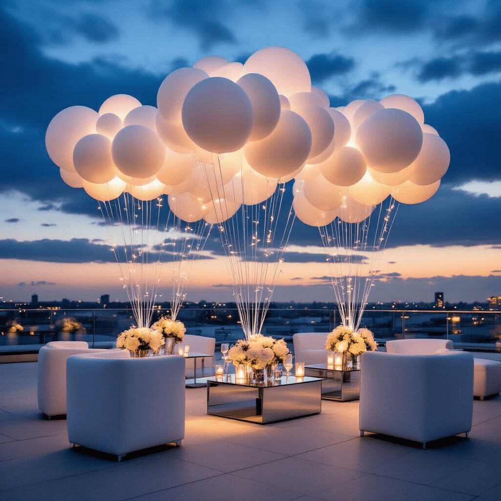 A sophisticated corporate event on a rooftop terrace, featuring minimalist white and silver cloud balloon arrangements, sleek cocktail tables, and fairy lights, with modern glass and chrome furniture reflecting ambient lighting against a dusky sky.