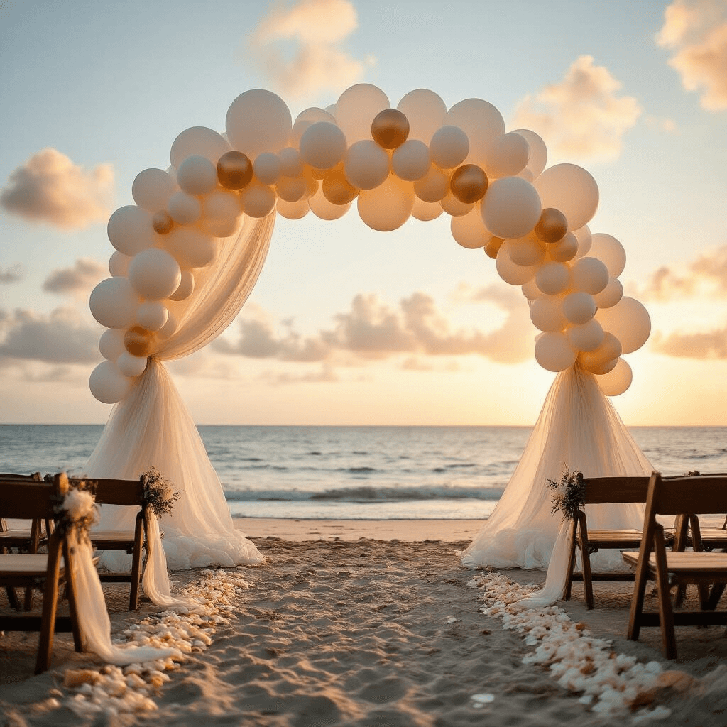 A romantic beachfront wedding ceremony at golden hour, featuring an ethereal cloud balloon arch, flowing drapery, scattered rose petals, and weathered wooden benches, all illuminated by warm natural light and twinkling fairy lights.
