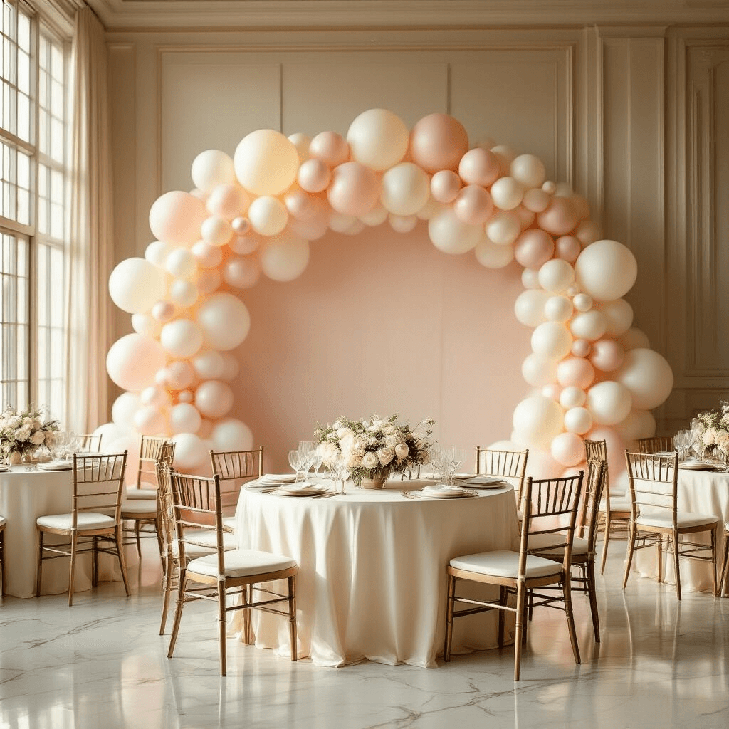 Wide-angle shot of an elegant indoor ballroom at golden hour, featuring a large pastel balloon backdrop, round tables with ivory silk linens, crystal glassware, and floral centerpieces, all illuminated by soft natural light streaming through tall windows.