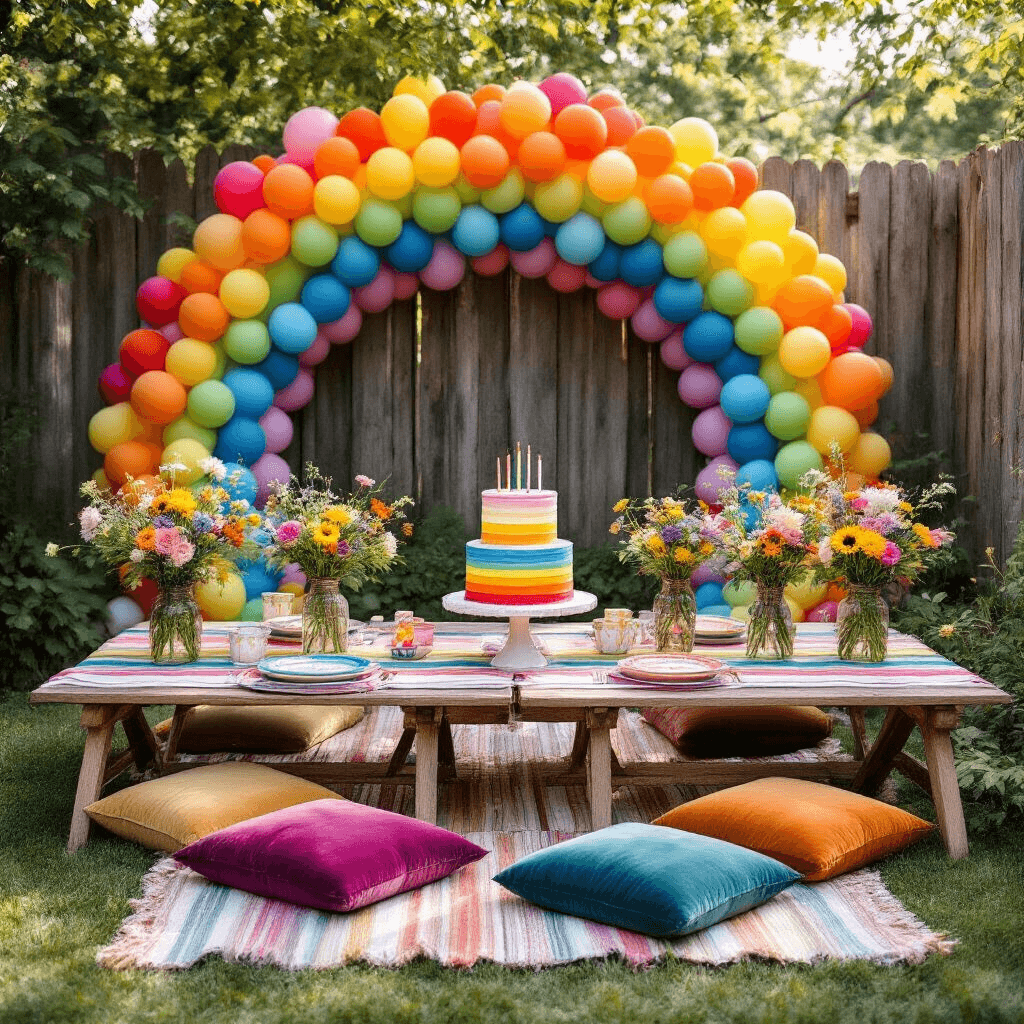 Overhead view of a whimsical garden party setup with colorful striped picnic tables, plush jewel-toned cushions, a three-tiered rainbow birthday cake, and wildflower arrangements in mason jars, all against a backdrop of vibrant balloons and rustic wooden fence.