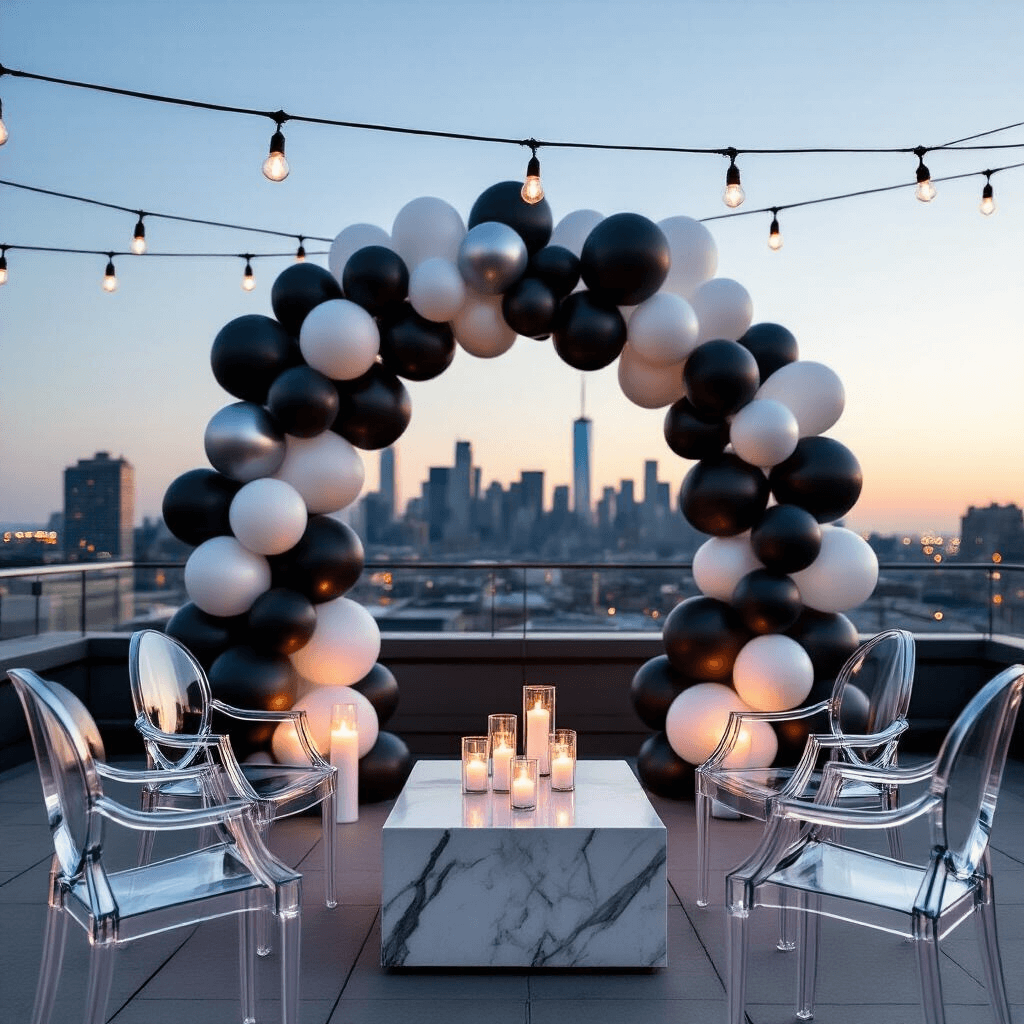 Close-up detail of an elegant rooftop terrace with a monochrome balloon backdrop, sleek modern furniture, and candlelit ambiance, set against a city skyline for a sophisticated corporate event.