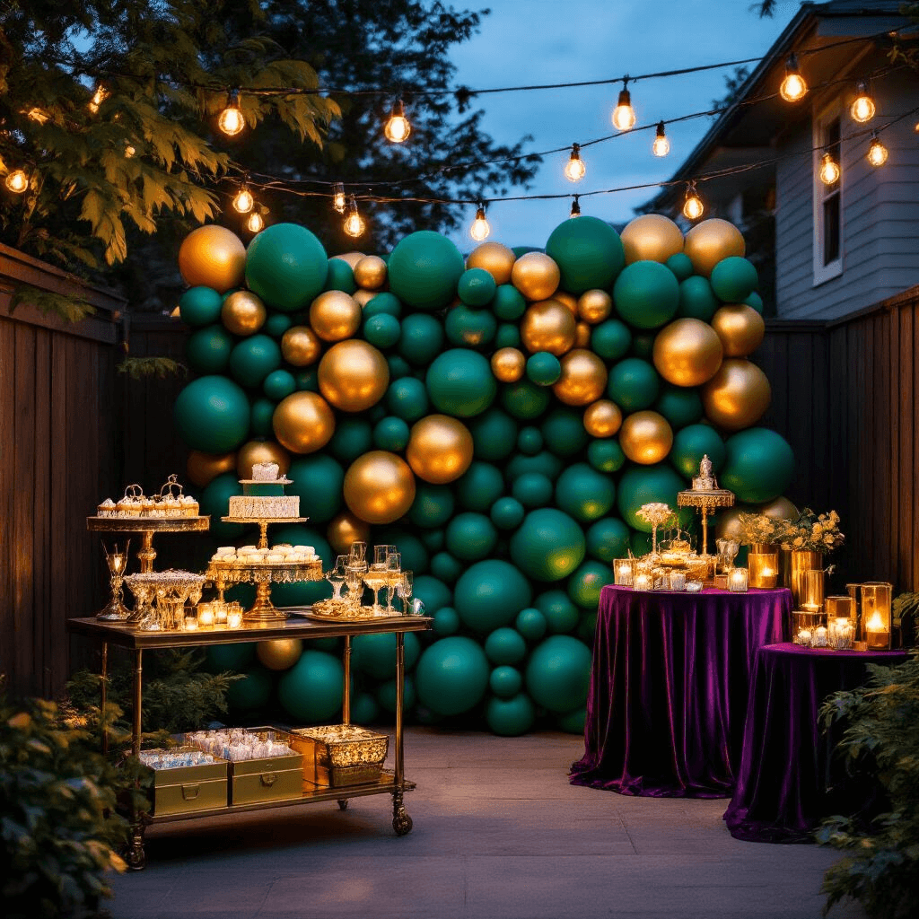 A dramatic evening party setup in a stylish backyard, featuring a lush balloon backdrop in deep jewel tones, illuminated by string lights and neon signs. A dessert cart with brass accents and crystal serving pieces, along with velvet-draped cocktail tables, create an elegant atmosphere, while ambient lighting enhances the varied textures of the balloons and custom party favors on a dedicated gift table.