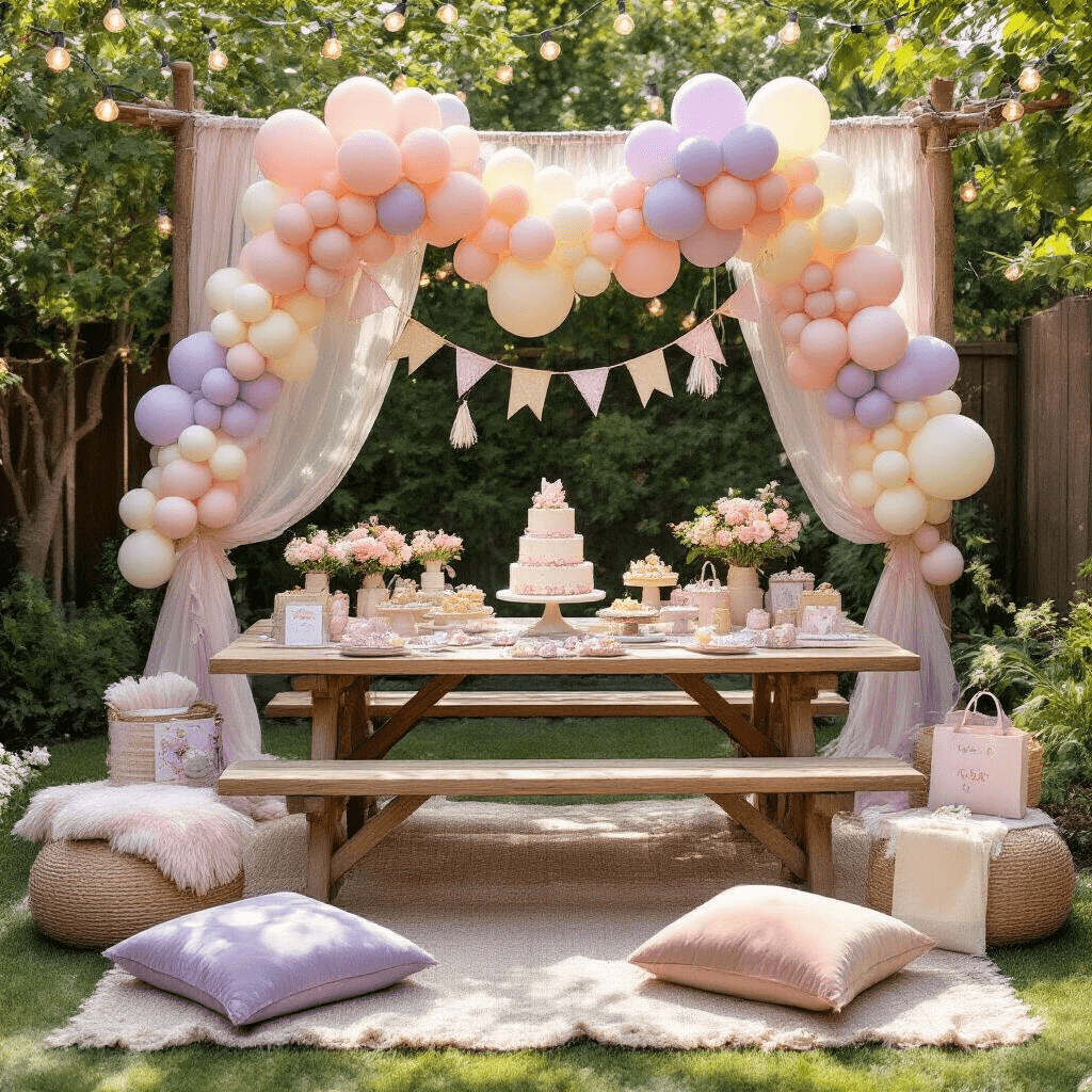 Whimsical children's birthday party setup in a stylish backyard garden with pastel balloon clusters, a rustic picnic table, tiered cake display, and low cushioned seating areas, all illuminated by midday sun and string lights.