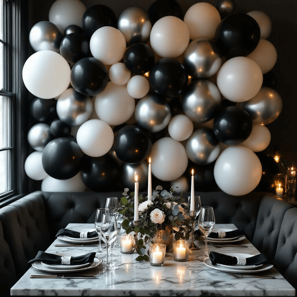 Cinematic close-up of an intimate dining nook for an adult birthday celebration, featuring a dramatic monochrome balloon wall in black, white, and silver. The ambiance is candlelit with flickering votives and fairy lights, casting moody shadows on marble countertops and silk table runners. The scene shows layered balloon textures with elegant place settings, crystal stemware, and fresh eucalyptus garlands among the balloon clusters, all in a modern apartment setting.