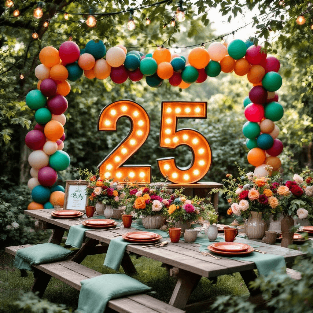 Marquee Letters with Balloons: The Ultimate Event Decor Showstopper Overhead view of a vibrant garden birthday celebration with illuminated marquee numbers '25', colorful balloon garlands, rustic picnic tables with terracotta plates and sage green linens, fresh florals in vintage vases, and twinkling fairy lights under a leafy canopy.