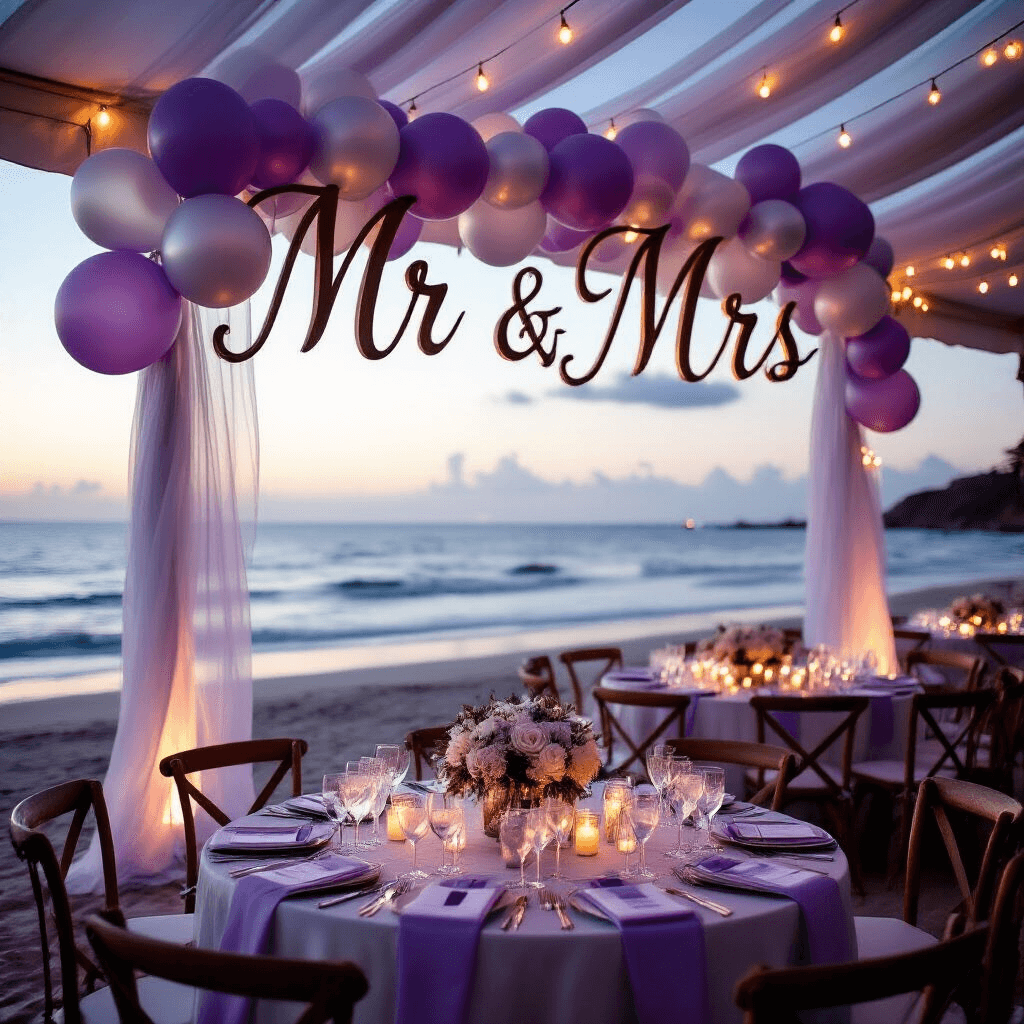 Marquee Letters with Balloons: The Ultimate Event Decor Showstopper Moody beachfront wedding reception at twilight featuring 'Mr & Mrs' marquee letters, lavender and silver balloon garlands, string lights, round tables with silk linens, crystal stemware, and white florals, with candle groupings on driftwood stands and ocean waves in the background.