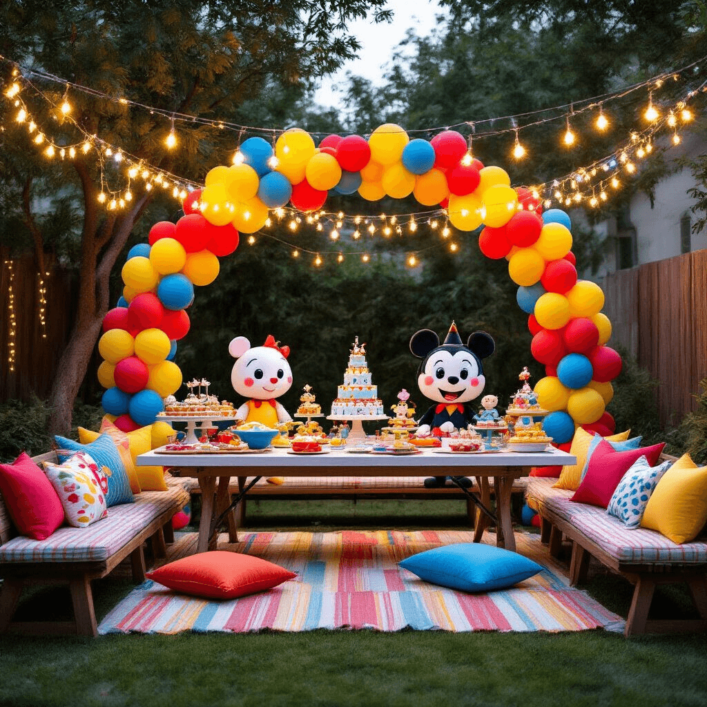 Whimsical first birthday party setup in a backyard with colorful dessert cart, vibrant balloons, picnic seating, themed tableware, string lights, balloon arches, and a tiered character-themed birthday cake.